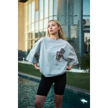 Nova Epoxy Art   Unisex Bisiklet Yaka Baskılı Oversize T-Shirt - Boyalı Gri