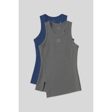 Tommy Life Standart Kalıp O Yaka 2li Paket İndigo-Koyu Gri Kadın Spor Atlet - 97256