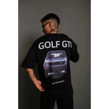 Nova Epoxy Art   Erkek Oversize Baskılı Tişört - Golf Gtı Retro Araba Desenli, Ön - Arka Dijital Baskı, Sokak Modası Stil - Siyah