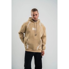 Nova Epoxy Art   Erkek Şimşek Baskılı Kapşonlu Sweatshirt Üç Iplik Pamuklu Kanguru Cepli Double Oversize Hoodie - Bej