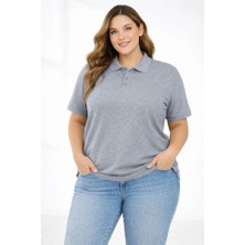 Nova Epoxy Art   Pike Kumaş Düğmeli Yaka Battal Büyük Beden Günlük Kısa Kol Tişört T-Shirt - Gri