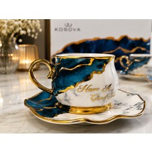 Be-Lis Premium Porselen 6 Kişilik Türk Kahvesi Fincan Takımı Mavi Mermer Desenli Gold Detaylı Şık Hediye Seti