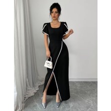 Nova Epoxy Art   Kadın Kısa Kollu Kare Yakalı Önden Çapraz Kesim Detaylı Krep Elbise