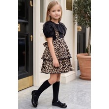 Parla Kids Kız Çocuk Helen Leopar Desenli Askılı Kat Kat Bağlama Jile Elbise Dantel Detay Kısa Kollu Bluz Takım
