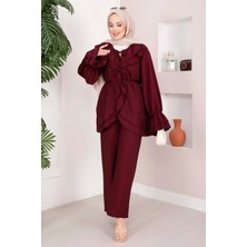 Ebru Tesettür Volan Detaylı Bağcıklı Tunik Pantolon Takım Bordo