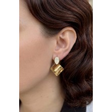 Stainless Steel Zarafet Müzesi Çelik Damla Detaylı Ikili Kare Plaka Küpe - Gold Renk Kararmaz Çelik