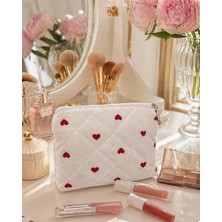 Nartella Love Heart Mini Makyaj Çantası Kalp Desenli Kapitone Fermuarlı Organizer Ped Çantası Cüzdan