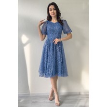 ZKS Grup Tekstil Kadın Mezuniyet Elbisesi Balon Kol Simli Midi Boy Indigo, Su Yeşili, Beyaz, Siyah, Bordo