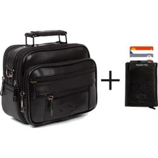 Newish Polo Erkek Mekanizmalı Cüzdan ve Hakiki Deri Çelik Kasalı Omuz ve El Çantası Orta Boy - Siyah - NEWPOLO416