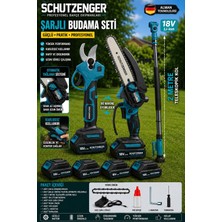 SCHUTZENGER 3’set 4 Akülü Şarjlı Dal Budama Makası Zinçirli Testere Otomatik Yağlama Teleskopik Kol 2 mt 901E Mavi