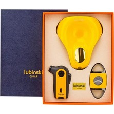 Lubinski Tek Torch Pürmüz Çakmak Kesici Küllük Sarı Üçlü Puro Seti