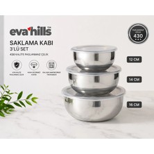 |eva Hill 3'lü Paslanmaz Çelik |saklama Kabı Seti| 12-14-16 Cm| 430 Kalite |şeffaf Kapaklı|