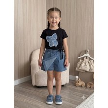 Alt Üst Kız Çocuk Takım Tişört+Etek Şort  Çocuk Takımı Taşlı Kurdele Detaylı Bebek Takım 2-9 Yaş Beden
