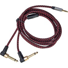 Keepro 3.5 mm Stereo To 2 x 6.3 mm Mono L Tipi 90 Derece Anfi Ses Kablosu 2m
