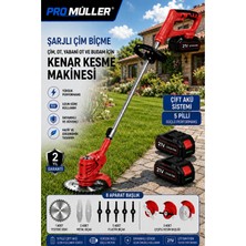 Pro Müller Alman Pro 21 V 5 Ah Teleskopik Uzatmalı Kömürsüz Turbo Motor Çift Akülü Ot Çalı Biçme Tırpanı