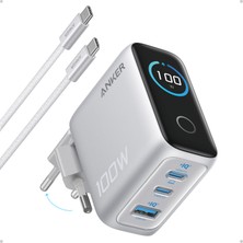 Anker 100W Şarj Cihazı, Kompakt, 3 Bağlantı Noktalı, Gan Usb-C, Akıllı Ekran ve Dokunmatik Kontrol, Gümüş - B121B