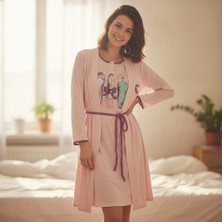 Bonbon Kadın Giyim Pembe Renk Baskılı Gecelik ve Sabahlıklı 2'li Takım BB2675