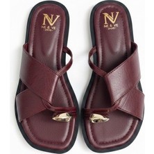 Ne&Ve Shoes Bordo Deri Aksesuar Detaylı Parmak Arası Kadın Terlik
