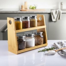 8 Parça Borosilikat Cam Baharatlık Seti (700 Ml) - Paslanmaz Çelik Kapaklı ve Bambu Kapak Sçenekli 2 Katlı Bambu Standlı Tezgah Üstü Erzak Kabı ve Mutfak Düzenleyici Organizer (Bambu Kapak)