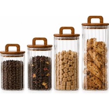 Welcomein Akasya Kapaklı Line Cam Kavanoz 4’lü Set 700 ml 1100 ml 1500 ml 1850 ml Mutfak Saklama Kabı