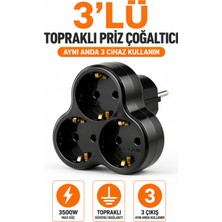 Alıç 3'lü Topraklı Priz Çoğaltıcı 3500W Max Güç Schuko Fişli Çoklayıcı Ev Ofis Mutfak Atölye Için Siyah