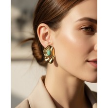 Lyra Wave Turkuaz Taşlı Dalgalı Gold Küpe