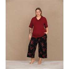 Yare Bordo Çiçekli Kapri Büyük Beden Pijama