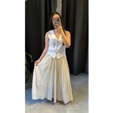 Bej Beli Lastikli Gofre Etek