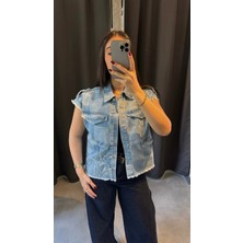 Taş ve Apoletli Denim Yelek Açık Mavi