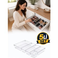 Omilife 5'li Şeffaf Çekmece Organizer Seti Makyaj Takı Kozmetik Ofis Mutfak Banyo Düzenleyici Kutu
