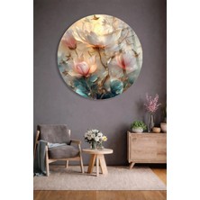 Taulart Soft Renklerde Vintage Gold Detaylı Pembe Beyaz Çiçek Tasarımlı Şık Yuvarlak Cam Tablo