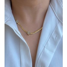 Stainless Steel Zarafet Müzesi Kadın Gold Çelik Italyan Ezme Zincirli Taşlı Üçlü Yonca Kolye