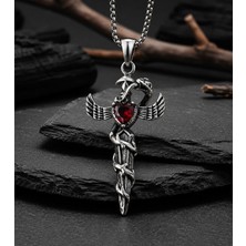 Voyage Accessory Paslanmaz Çelik Kırmızı Zirkon Taşlı Yılan Kanat Detaylı Gotik Kadın Kolye