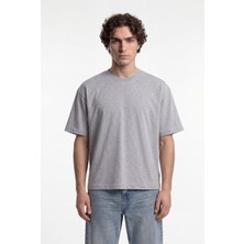 Machinist Erkek Basic Pamuklu Crop Oversize Tişört Gri Melanj