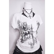İsra Ayyıldız Moonstar Collection Beyaz Anime Sword Tribal Gotik Ek Askılı Y2K Kısa Kollu Crop