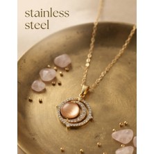 Stainless Steel Çelik Gold Renk Zirkon Taşlı Turuncu Sedefli Hilal Model Kolye