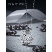 Stainless Steel 316L Çelik Zincir Gümüş Renk Zincir Zirkon Taşlı Kalp Figür Gül Detay Kolye