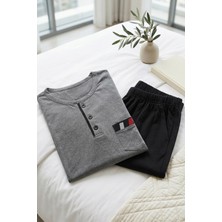 Mataş Erkek Gri Viskon Karışımlı Uzun Kollu Düğmeli Biyeli Soft Pijama Takımı