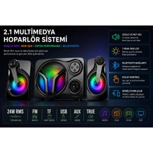 Tastech SP60 Speaker 2.1 Kanal Oyuncu Hoparlörü Rgb LED Işıklı Hafıza Kartı ve USB Girişli Bluetooth Lu Bilgisayar Hoparlörü 3,5mm Jack Girişli 2+1 Gaming Speaker