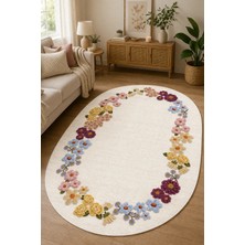Pelura Halı Floral Çerçeve Desen Baskılı Oval Kaymaz Yıkanabilir Salon Oturma Odası Mutfak Balkon Halısı