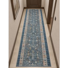Filizon Sarar Mavi Vintage Etnik Desenli Kaymaz Tabanlı Yumuşacık Mutfak Halı Orta Kalınlıkta Yıkanabilir Koridor Yolluğu Salon Halısı
