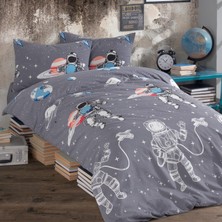 Karden Flower Astronaut Gri Pamuklu Ranforce Tek Kişilik Nevresim Takımı