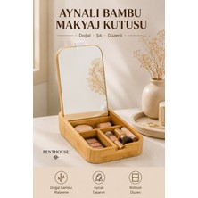 Penthouse Aynalı Bambu Makyaj Kutusu Düzenleyici Organizer Bölmeli Taşınabilir Dikdörtgen Kozmetik Saklama