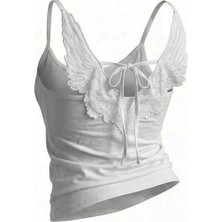 İsra Ayyıldız Moonstar Collection Beyaz Melek Kanatlı Bağlamalı Sırt Dekolteli Y2K Kısa Kollu Crop