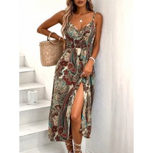 Defy Moda Kadın Ip Askılı Kruvaze Yakalı Beli Lastikli Önden Yırtmaçlı Desenli Süprem Midi Elbise