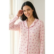 Mataş Kadın Pembe Çiçek Desenli Bambu Viskon Uzun Kollu Soft Örme Pijama Takımı