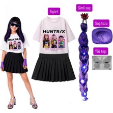 Bemora Kids Kpop Rumi Huntrix Iblis Avcıları Baskılı Tişört + Mor Balon Etek +Rumi Mor Simli Saç +Yüz Taşı+Saç Tozu Set Parti Doğum Günü