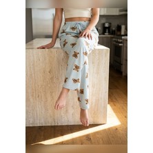 Mataş Kadın Tek Alt Pijama Büyük Beden Milan Kumaş Lastikli Bel Bağcıklı Mavi Ayıcık Desenli Homewear Ev Giyim