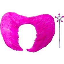 AyrStore Gerçek Tüylü Katlanabilir Çocuk Pembe Melek Kanadı ve Asa Seti 40X55 cm
