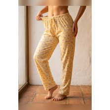 Mataş Kadın Tek Alt Pijama Büyük Beden Milan Kumaş Lastikli Bel Bağcıklı Sarı Bulut Desenli Homewear Ev Giyim